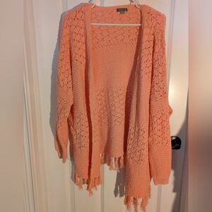 Open-Front Pink Fringe Crochet Cardigan Sweater